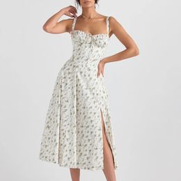 Women Summer Boho Spaghetti Straps Split Thigh Midi Dress Tie Front Solid Floral Print Sleeveless Vintage A Line Beach Dresses 240403