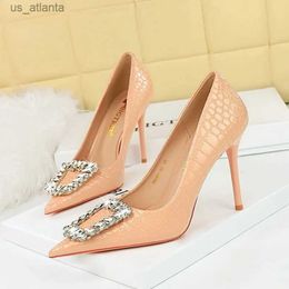 Dress Shoes BIGTREE New Woman Pumps Luxury Designer Shallow Rhinestone Pointed Toe PU 10CM Thin Heels Square Button Women white H240403