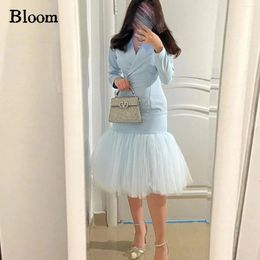 Party Dresses Bloom Long Sleeves Lapel Prom Satin Tulle Knee-length Simple Formal Evening Wedding Dress