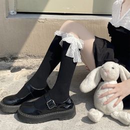 Women Over Calf Socks Japanese Style Cute Ruffled Lace Bowknot Stockings Hosiery M6CD