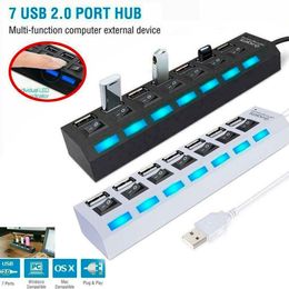 USB 2.0 Hub 7 Port Multi Ports USB A 7in1 Data Splitter With Independent On/Off Switch LED Lights For Laptop PC Computer Mobile