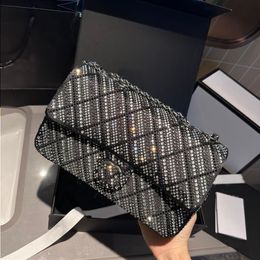 Designer CF Full Diamond Chain Bag Can Be Carried Diagonally With Sequin Bag Black Explosive Flash Shoulder Carried By Hand With Real Leathe