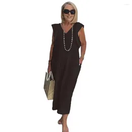 Casual Dresses Summer Women Dress V Neck Loose Flying Sleeves Side Pockets Mid-calf Length Vestidos Para Mujer