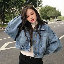 Xpqbb Cropped Denim Jacket Women Korean Fashion Back Split Buttons Up Bomber Female Lapel Long Sleeve Jeans Coats 240319