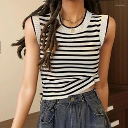 Women's Tanks Women Stripes O-Neck Knitted Tank Tops Female Sleeveless Casual Streetwear Crop Top Spring Summer