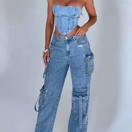Women's Jeans Multiple Pockets Denim Straight Cargo Pants For Women Streetwear 2024 Autumn Winter Design Soild Slight Strech Casual
