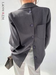 LANMREM Designer Back Button Blazer For Women Gray Notched Long Sleeve Fashion Female Coat Spring Clothing 240318