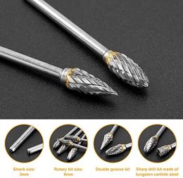 New 10 pcs 1/8" Shank Tungsten Carbide Milling Cutter Rotary Tool Burr Double Diamond Cut Rotary Dremel Tools Electric Grinding