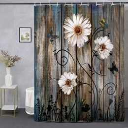 Shower Curtains Rustic Wood Panel Flower Curtain Vintage Butterfly Daisy Farm Style Bathroom Decor With Hooks