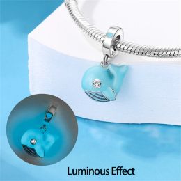 Real 925 Sterling Silver Whale Octopus Sea Shell Blue Luminous Charms Beads Fit Pandora 925 Original Bracelets DIY Fine Jewellery