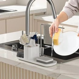 Kitchen Storage Soap Dispenser With Sponge Holder Draining Sink Box Organizer Rack Dish Stand Accessory