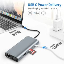 USB C Hub 11/8/6/5/4 in 1 Multiport Adapter with 4K HDMI-compatible RJ45 SD/TF Card Reader PD Fast Charge USB Hub for MacBook
