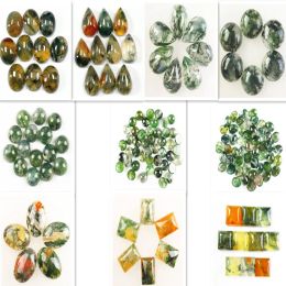 charms 10Pcs Wholesale Different sizes CAB Cabochon Natural Stone Green Moss Agate No Drilled Hole Bead For Jewelry Making