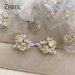 Stud Earrings ZAKOL Personality Yellow Cubic Zirconia For Women Exquisite Crystal Leaf Earring Wedding Party Jewellery