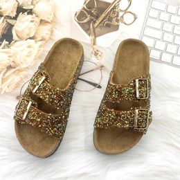 Slippers 2023 Feaale Slippers Luxury Shiny Rhinestone Flat Shoes Womens Diamond Sequins Double Button Summer Beach Flip J240402