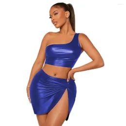 Work Dresses Sexy Mini Party PU Leather Two Piece Dress Sets Tie Girls Club Outfits Summer One Shoulder Crop Tops And Wrap Skirt Clubwear