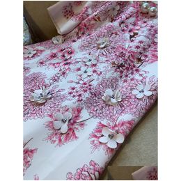 Basic Casual Dresses Spring Summer Pink 3D Flowers Floral Print Beaded Dress Short Sleeve Round Neck Sequins G4A0121Tb Drop Delivery A Dhfos