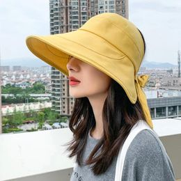 Wide Brim Hats Foux Sun Hat Summer Women Butterfly Visor Uv Protection Face With Shield Beach Protect Wind Yellow Ladies