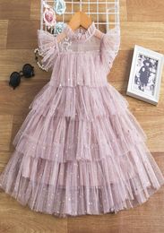 Sweet Girls star sequins gauze dresses summer kids lace falbala fly sleeve tiered tulle cake dress children princess clothings A721856096