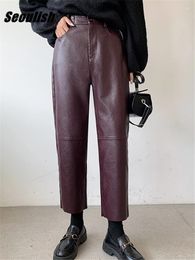 Women's Pants Seoulish Autumn Winter PU Faux Leather Wide Leg High Waist Female Casual Loose Ankle Length Trousers 2024