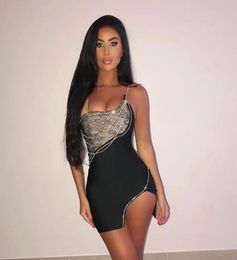 Casual Dresses Summer Ladies Spaghetti Strap Diamond Mini Dress Lace Panel Split Body Tight Bandage Black Sexy Celebrity Party Dre2251807