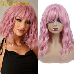 Wigs Pink Short Bob Wave Wig Shoulder Length Wavy Hair Wigs with Bangs Natural Synthetic Wave Wig for Black Women Daily Cosplay Use