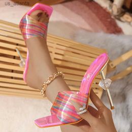 Dress Shoes Design Style Crystal Slippers Women Thin High Heels Slip-On Fashion Ladies Square Toe Party Banquet Zapatos Mujer H240403