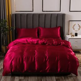 LISM polyester ice silk three-piece set simple solid Colour quilt pillowcase silky naked sleeping bedding 240401