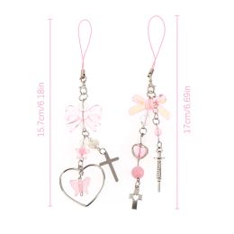 Sweet Cute Bow Heart Pendant Phone Chain Lanyard For Girls Y2K Pink Mobile Phone Straps Bags Hanging Decorations