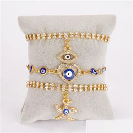 Charm Bracelets Evil Eye Palm Starfish Love Heart Blue Eyes Pendant Double Layer Fl Diamond Rhinestone Tennis Chain Gold Plated Fati Dh1Ou