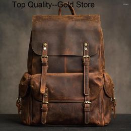 Backpack Genuine Leather Men's Vintage Bag Outdoor Travel Fitness Laptop Schoolbag For 15.6 Inch