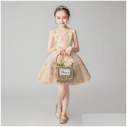 Girl'S Dresses Girls Beads Sequin Golden Tle Flower Girl Dress Wedding Party Beauty Pageant Clothes Kids Princess First Communion Gown Dhrhq