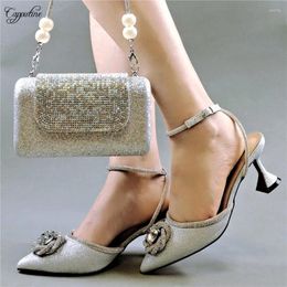 Dress Shoes Silver Women And Purse Bag Set To Match African High Heels Pumps Handbag Fashion Sandals Clutch Escarpins Femme QSL045