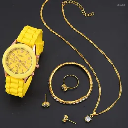 Wristwatches 6PCS Luxury Fashion Women Watches Simple Ladies Silicone Tape Quartz Watch Womens Necklace Earrings Bracelet Wristwatch Gifts