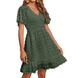 Casual Dresses Women'S V Neck Smocked Short Sleeve Dress Dot Swing Flowy Ruffle Hem Beach Summer Fashionable Simple