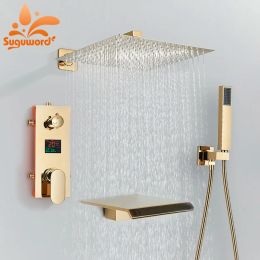 Golden Digital Display Bathroom Shower Set Wall Mount Concealed 3 Models Rainfall Headshower Cold Hot Water Shower System