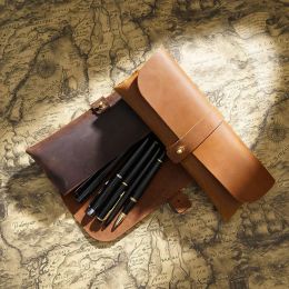 Bags Vintage Genuine Leather Pencil Pen Case Simple Snap Style Men's Penci Bag Student Stationery Storage Pouch Cowhide Glasses Box