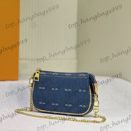 Womens Designer Mini Pochette Clutch Bags Denim Coin Old Flower Blue Purse Gold Metal Chain Crossbody Shoulder Pouch 15.5X10.5X4CM
