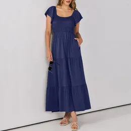 Casual Dresses Women Summer Long Dress Elegance Flutter Short Sleeve Suqare Neck Elastic Waist A Line Slim Maxi Folds Vestidos