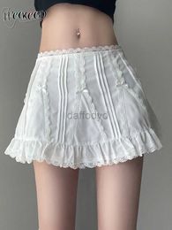 Urban Sexy Dresses Weekeep y2k Cute A-line Mini Skirt Streetwear Loose Lace Patchwork Solid White Basic Skirts Women Outfits Y2k Aesthetic Clothing 240403