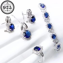 Strands Bridal Jewelry Set For Women 925 Sterling Silver Jewelry Wedding Bracelet Earrings Ring Blue CZ Stones Necklace Set Gifts Box