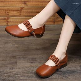 Casual Shoes Super Soft Cow Leather Cover Heel Women Ankle Strap Wild Girls Square Head Flats Chaussure Femme
