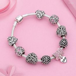 Charm Bracelets Antique Silver Colour Heart Flower Bracelet Pink Crystal Diy Bead Jewellery Gift