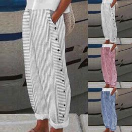 Women's Pants Summer Fashion Striped Print Double Side Buttons Casual Versatile Loose Cropped Trousers Women Solid Chic