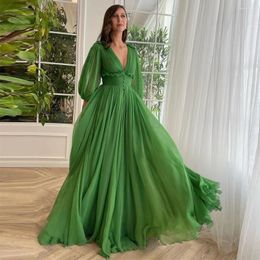 Party Dresses Sevintage Green Chiffon Prom V-Neck Long Sleeves Pleat Ruched A-Line Evening Gowns Wedding Dress 2024