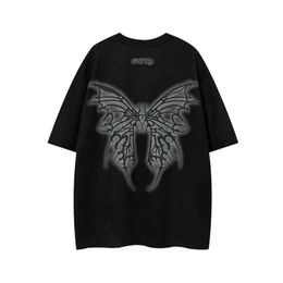 Men's T-Shirts Men Retro Vintage Cotton Tshirt Streetwear Butterfly Graphic T-Shirt Harajuku 2023 T Shirt Hip Hop Relaxed Tops Tees Green Black J240402