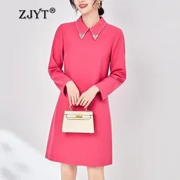 Casual Dresses ZJYT Designer Diamonds Turn Down Collar Simple For Women Spring 2024 Elegant Long Sleeve Solid Black Dress Party