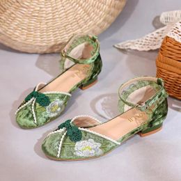 Pumps Chinese Style Luxury Women Shoes 2023 Spring Vintage Embroidered Mary Jane Shoes Elegant Green Laceup Shoes High Heels Sandals