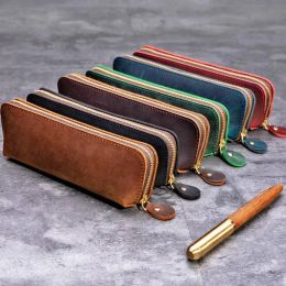 Bags Genuine Leather Pencil Case Portable Fountain Pen Holder Storage Bag Stationery School Office Supplies Business Women Men Gift