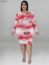 Urban Sexy Dresses Perl Plus size hollow womens autumn long Sve lip print O-neck sexy elastic Midi dress autumn clothing Y240402